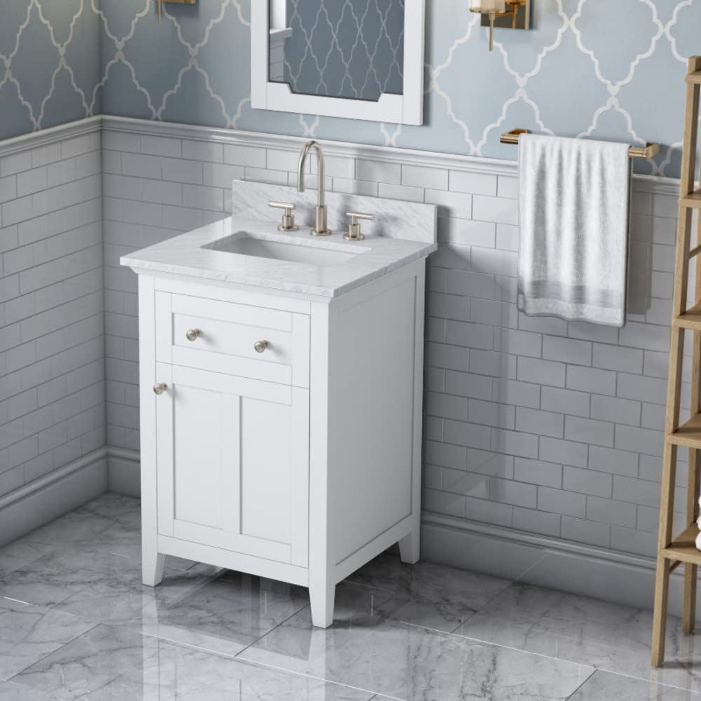 Jeffrey Alexander VKITCHA24WHWCR 24" White Chatham Vanity, White Carrara Marble Vanity Top, undermount rectangle bowl