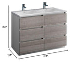 Fresca FCB93-2424HA-D-I Fresca Lazzaro 48" Glossy Ash Gray Free Standing Modern Bathroom Cabinet w/ Integrated Double Sink