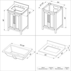 Jeffrey Alexander VKITCAD24WHBGR 24" White Cade Vanity, Black Granite Vanity Top, undermount rectangle bowl
