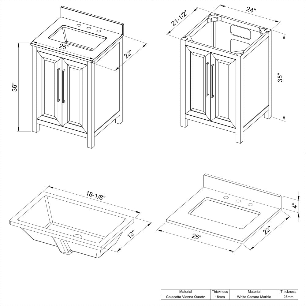 Jeffrey Alexander VKITCAD24GRCQR 24" Grey Cade Vanity, Calacatta Vienna Quartz Vanity Top, undermount rectangle bowl