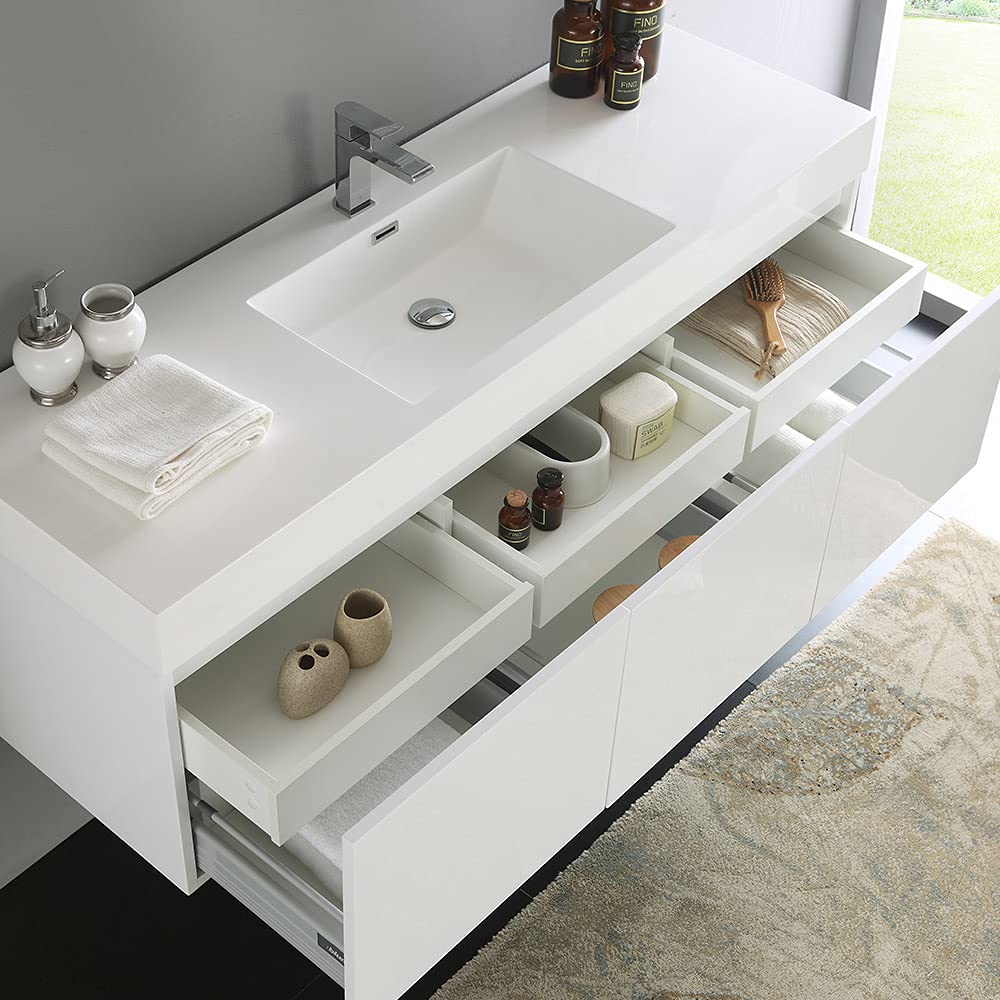 Fresca FCB8041WH-I Fresca Mezzo 60" White Wall Hung Single Sink Modern Bathroom Cabinet w/ Integrated Sink