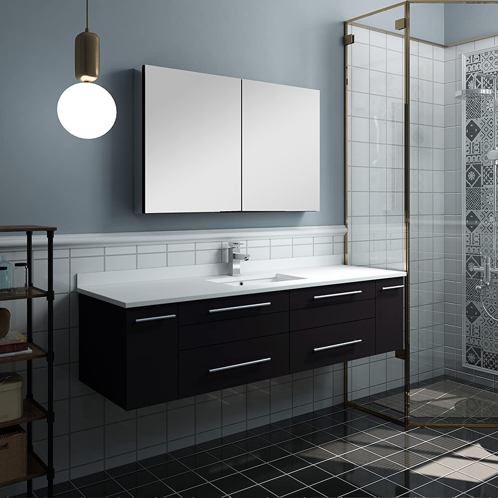 Fresca FVN6160WH-UNS Fresca Lucera 60" White Wall Hung Single Undermount Sink Modern Bathroom Vanity w/ Medicine Cabinet