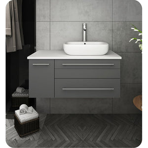 Fresca FCB6136GR-VSL-R-CWH-V Fresca Lucera 36" Gray Wall Hung Modern Bathroom Cabinet w/ Top & Vessel Sink - Right Version