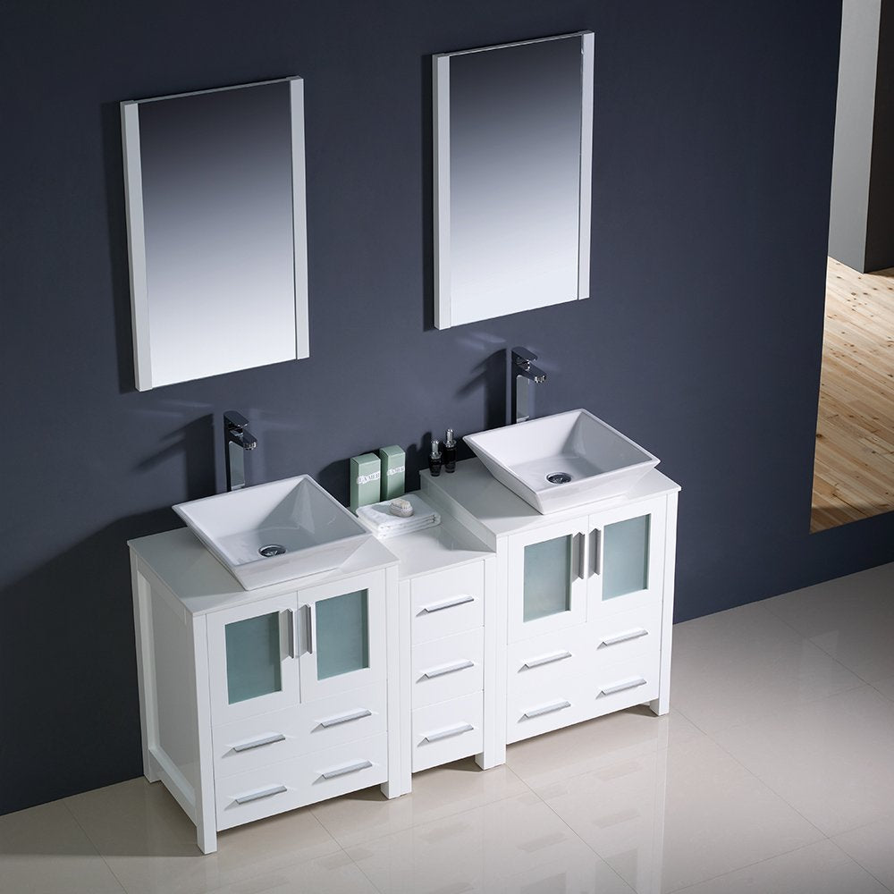 Fresca FVN62-241224WH-VSL Fresca Torino 60" White Modern Double Sink Bathroom Vanity w/ Side Cabinet & Vessel Sinks