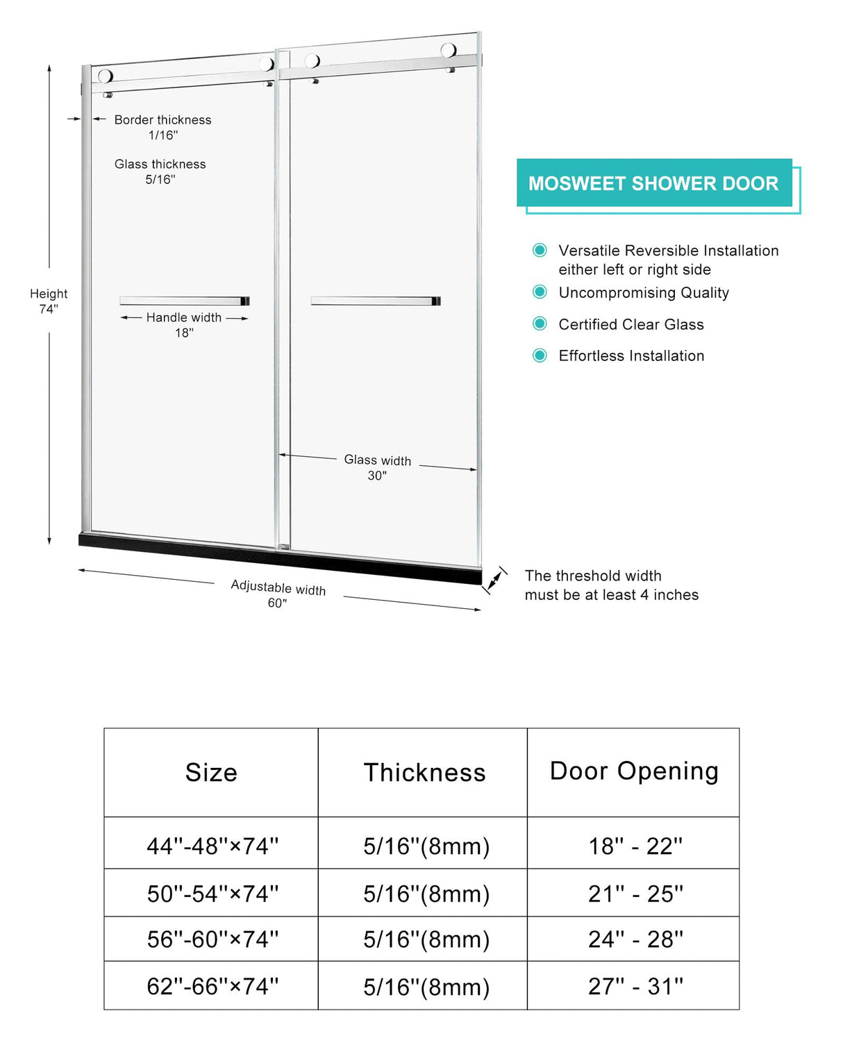 Milano Double Sliding Shower Door, 60 in.W x 74 in.H Framed Shower Door 5/16"(8mm) Clear Tempered Glass, 18 inch Pull Handle, Stainless Steel Hardware, Matte Black Finished