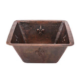 Premier Copper Products BS15FDB3 15-Inch Universal Square Fleur De Lis Hammered Copper Sink with 3.5-Inch Drain Size, Oil Rubbed Bronze