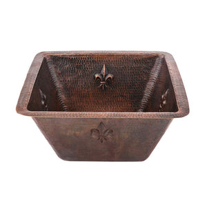 Premier Copper Products BS15FDB3 15-Inch Universal Square Fleur De Lis Hammered Copper Sink with 3.5-Inch Drain Size, Oil Rubbed Bronze