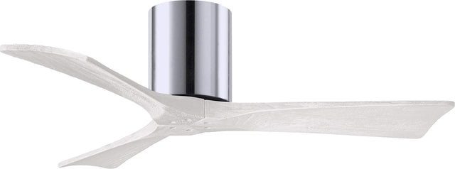 Matthews Fan IR3H-CR-MWH-42 Irene-3H three-blade flush mount paddle fan in Polished Chrome finish with 42” solid matte white wood blades. 