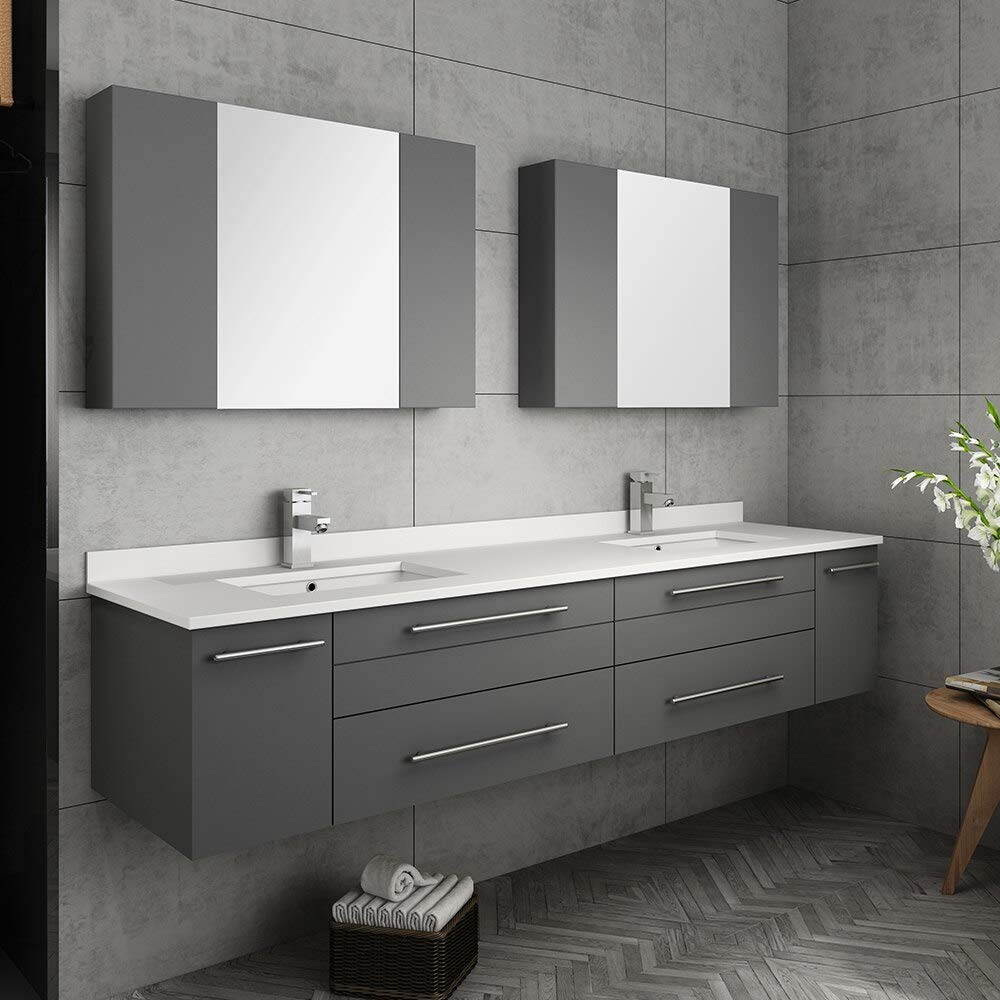 Fresca FVN6172GR-UNS-D Fresca Lucera 72" Gray Wall Hung Double Undermount Sink Modern Bathroom Vanity w/ Medicine Cabinets