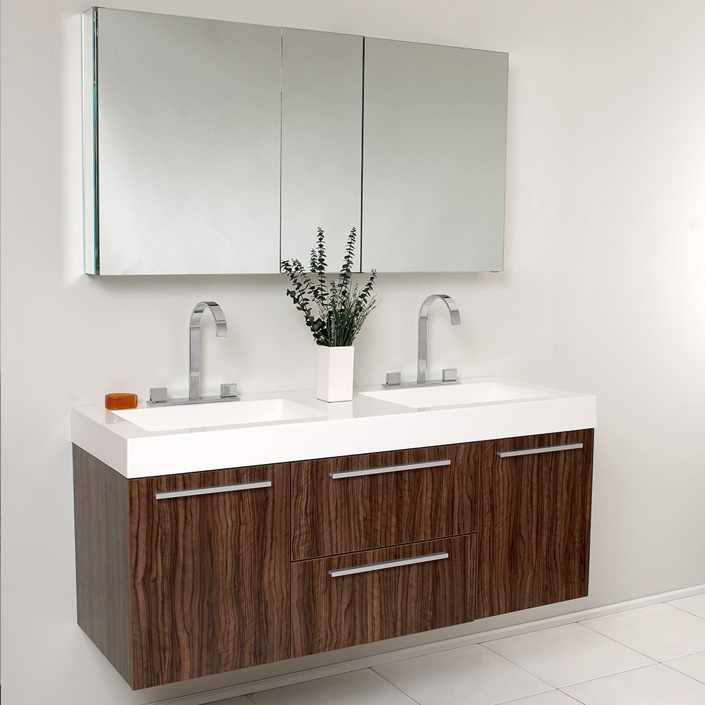 Fresca FVN8013GW Fresca Opulento 54" Walnut Modern Double Sink Bathroom Vanity w/ Medicine Cabinet