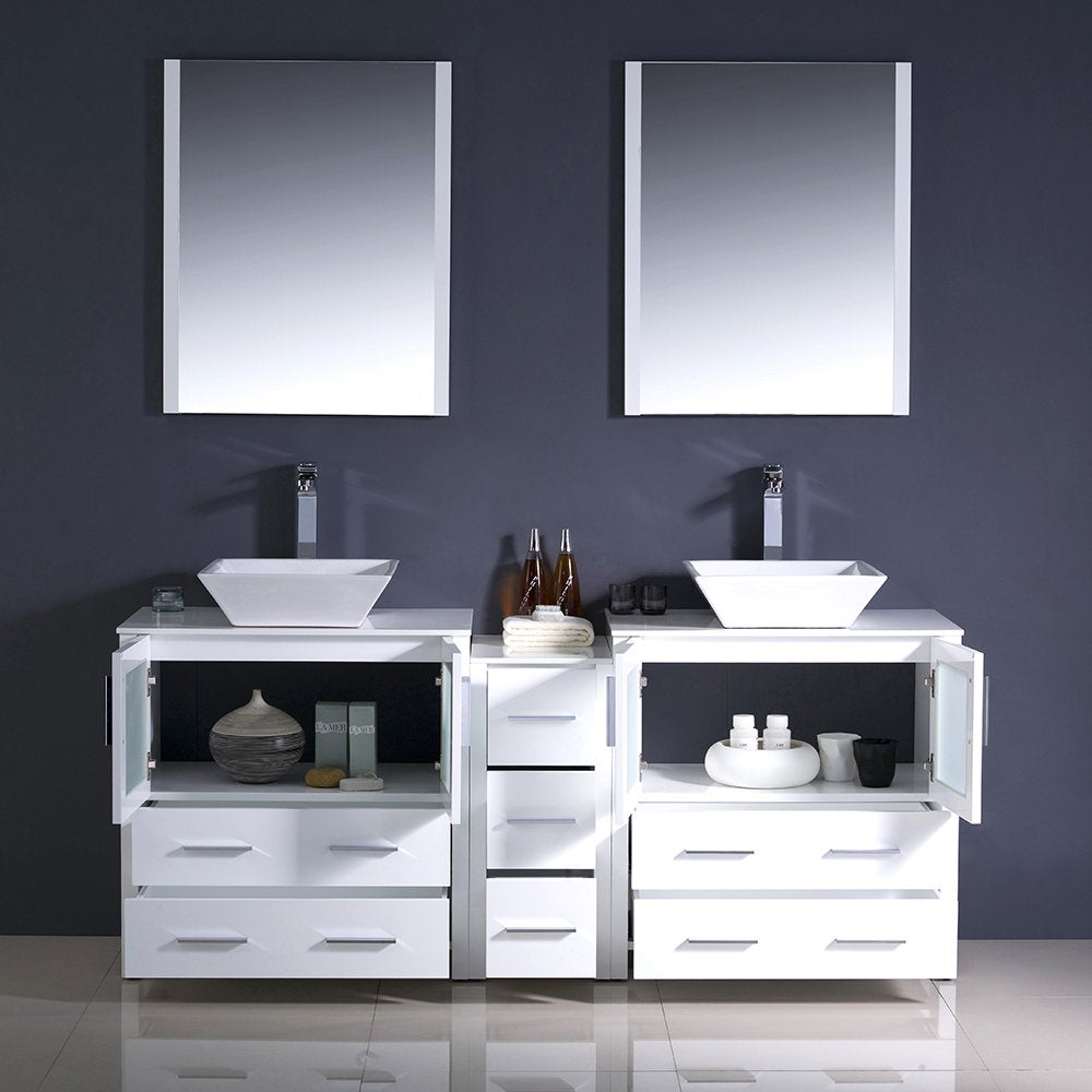 Fresca FVN62-301230WH-VSL Fresca Torino 72" White Modern Double Sink Bathroom Vanity w/ Side Cabinet & Vessel Sinks