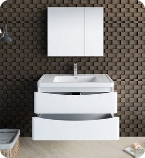 Fresca FCB9036WH-I Fresca Tuscany 36" Glossy White Wall Hung Modern Bathroom Cabinet w/ Integrated Sink