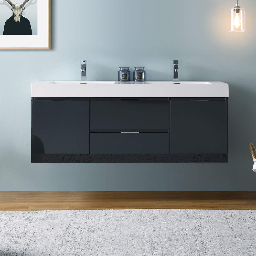 Fresca FCB8360WH-D-I Fresca Valencia 60" Glossy White Wall Hung Double Sink Modern Bathroom Vanity