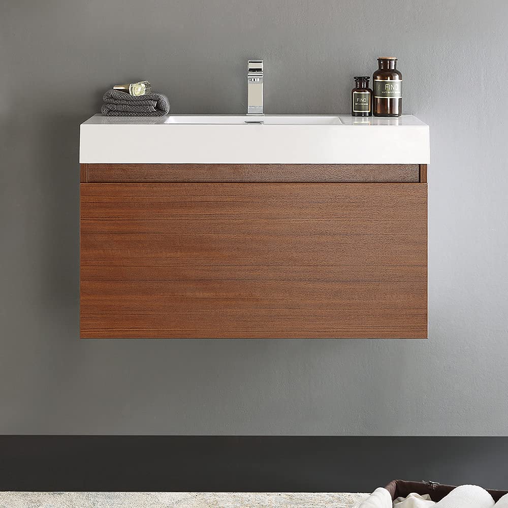 Fresca FCB8008TK-I Fresca Mezzo 36" Teak Wall Hung Modern Bathroom Cabinet w/ Integrated Sink