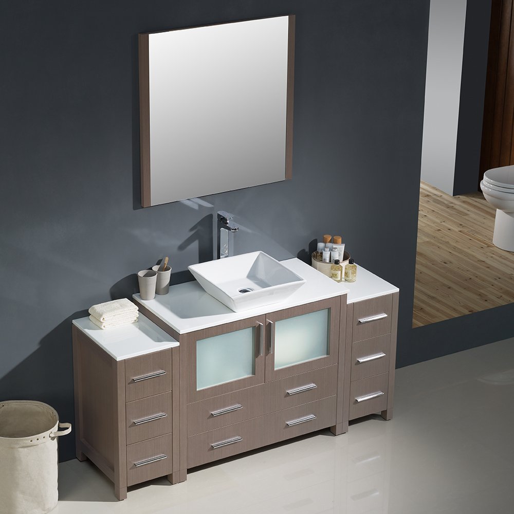 Fresca FVN62-123612GO-VSL Fresca Torino 60" Gray Oak Modern Bathroom Vanity w/ 2 Side Cabinets & Vessel Sink