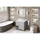 Jeffrey Alexander VKITAST36GRWCR 36" Grey Astoria Vanity, right offset, White Carrara Marble Vanity Top, undermount rectangle bowl
