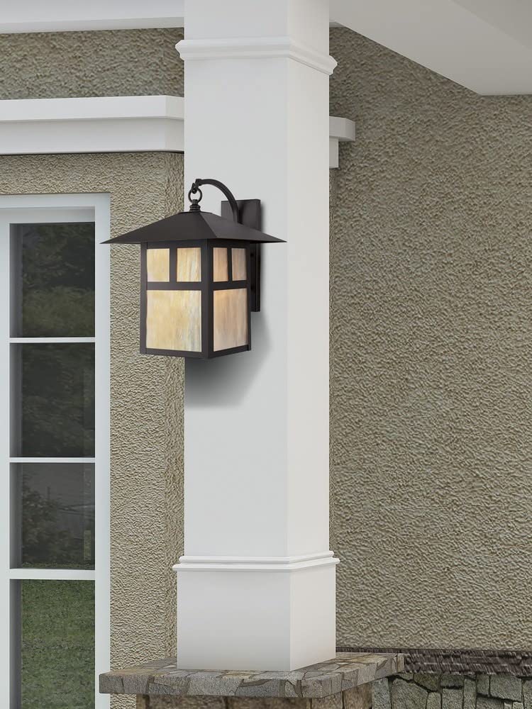 Livex Lighting 2137-07 Montclair Mission 1 Light Outdoor Bronze Finish Solid Brass Wall Lantern with Iridescent Tiffany Glass