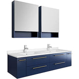 Fresca FVN6160RBL-UNS-D Fresca Lucera 60" Royal Blue Wall Hung Double Undermount Sink Modern Bathroom Vanity w/ Medicine Cabinets