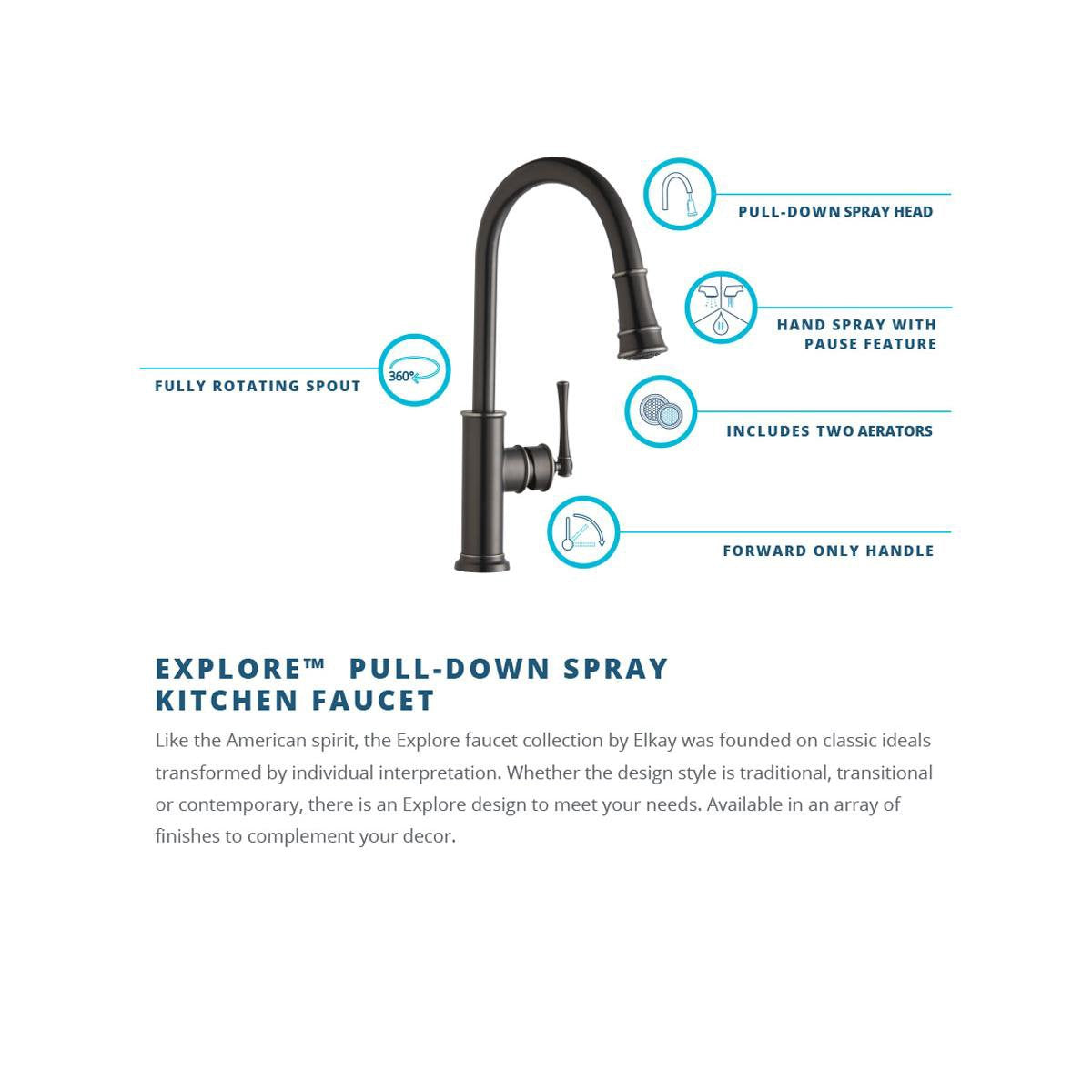 Elkay LKEC2031LS Single Hole Kitchen Faucet with Pull-down Spray and Forward Only Lever Handle, Lustrous Steel