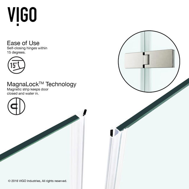 VIGO 30 in. x 30 in. x 73 in. Monteray Frameless Hinged Square Shower Enclosure with Clear 0.38" Tempered Glass and Hardware in Brushed Nickel Finish with Reversible Handle - VG6011BNCL32