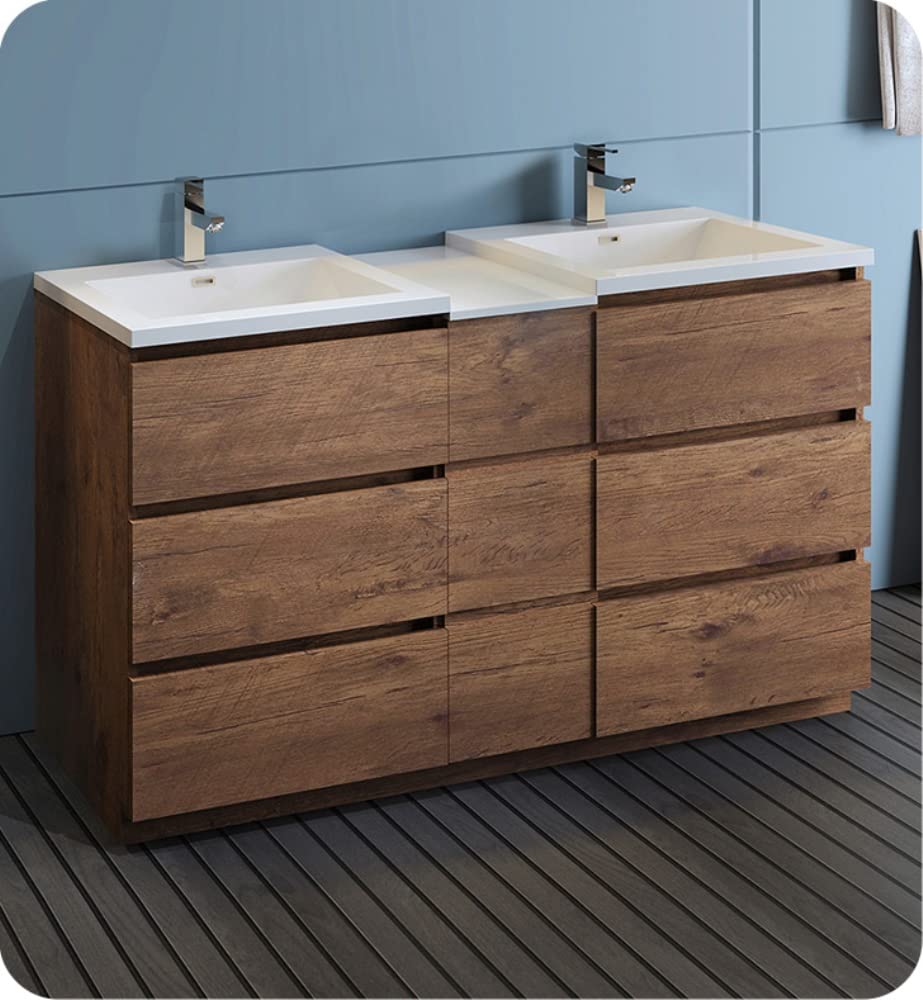 Fresca FCB93-241224RW-D-I Fresca Lazzaro 60" Rosewood Free Standing Double Sink Modern Bathroom Cabinet w/ Integrated Sinks