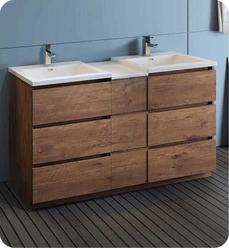 Fresca FCB93-241224RW-D-I Fresca Lazzaro 60" Rosewood Free Standing Double Sink Modern Bathroom Cabinet w/ Integrated Sinks