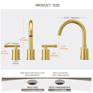 8-Inch Three-Hole Bathroom Faucet with Pull-Down Sprayer, Widespread Design, Metal Pop-Up Drain, Water Supply Lines, and Two Handles