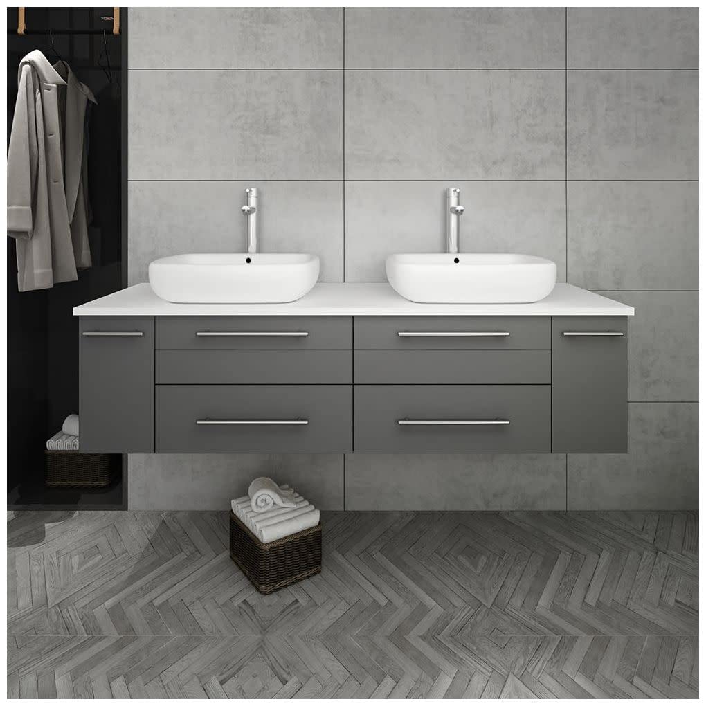 Fresca FCB6160GR-VSL-D-CWH-V Fresca Lucera 60" Gray Wall Hung Modern Bathroom Cabinet w/ Top & Double Vessel Sinks