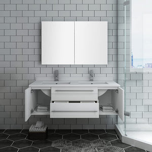 Fresca FVN6148WH-UNS-D Fresca Lucera 48" White Wall Hung Double Undermount Sink Modern Bathroom Vanity w/ Medicine Cabinet