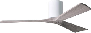 Matthews Fan IR3H-WH-BW-52 Irene-3H three-blade flush mount paddle fan in Gloss White finish with 52” solid barn wood tone blades. 