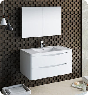 Fresca FVN9040WH Fresca Tuscany 40" Glossy White Wall Hung Modern Bathroom Vanity w/ Medicine Cabinet
