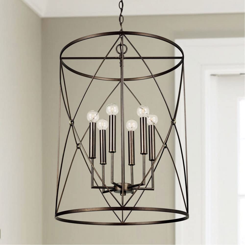 Capital Lighting 538661FZ Adrian Mediterranean Metal Frame Cylinder Foyer Pendant, 6-Light 360 Total Watts, 28"H x 21"W, Buffed Bronze