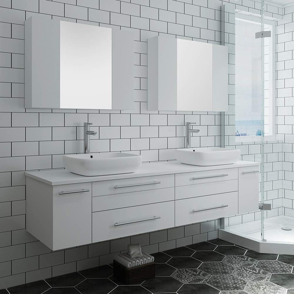Fresca FVN6172WH-VSL-D Fresca Lucera 72" White Wall Hung Double Vessel Sink Modern Bathroom Vanity w/ Medicine Cabinets