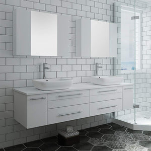 Fresca FVN6172WH-VSL-D Fresca Lucera 72" White Wall Hung Double Vessel Sink Modern Bathroom Vanity w/ Medicine Cabinets