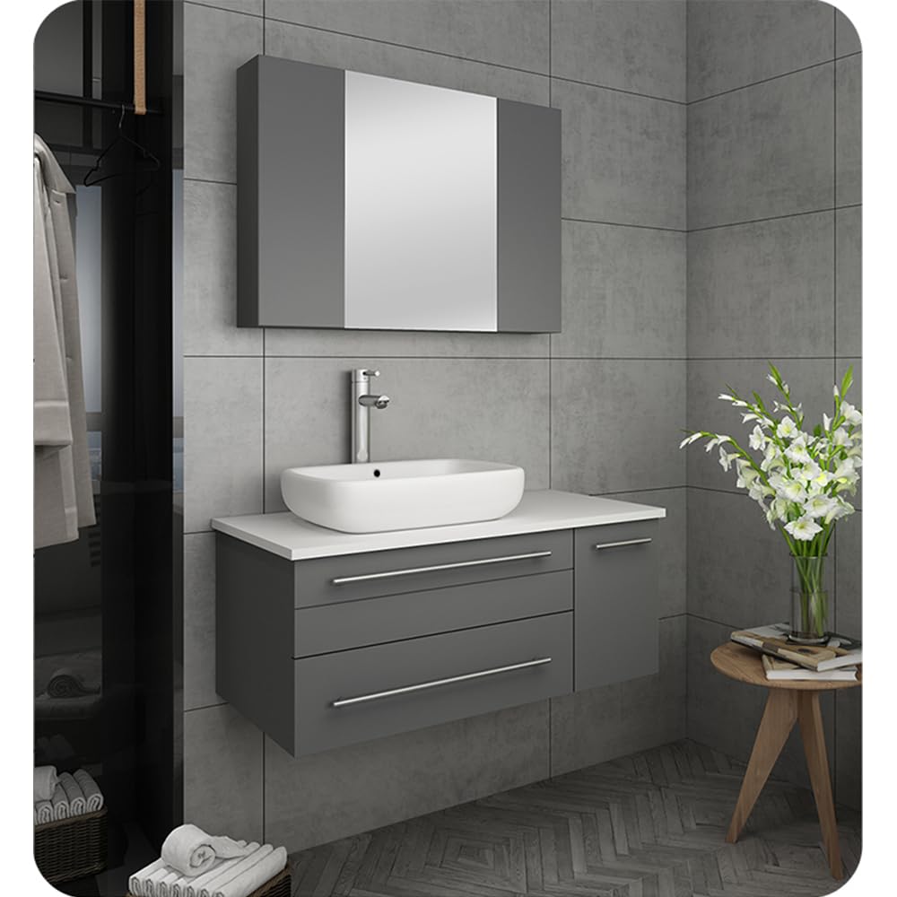 Fresca FVN6136GR-VSL-L Fresca Lucera 36" Gray Wall Hung Vessel Sink Modern Bathroom Vanity w/ Medicine Cabinet - Left Version