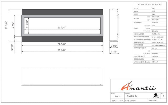 Amantii BI-60-SLIM-OD Panorama Slim Full View Smart Electric  - 60" Indoor /Outdoor WiFi Enabled Fireplace, featuring a MultiFunction Remote, Multi Speed Flame Motor, Glass Media & a Black Trim