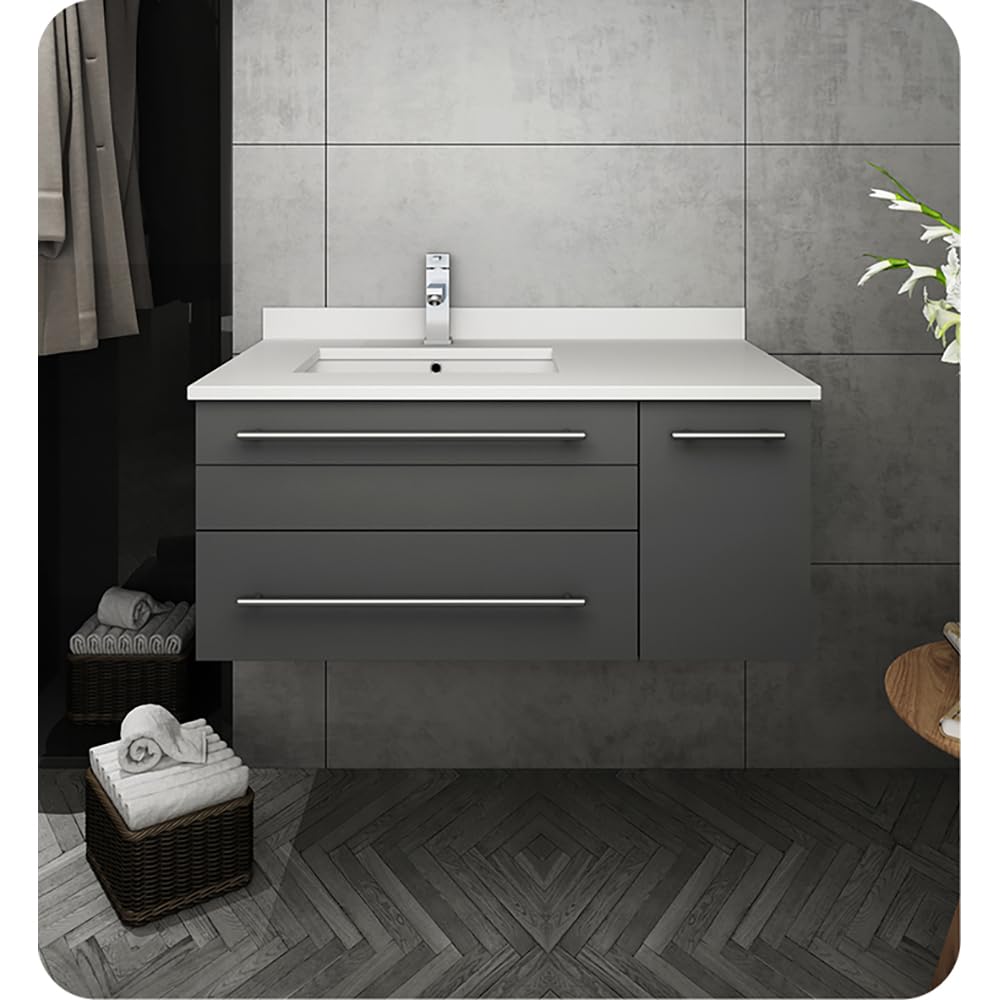 Fresca FCB6136GR-UNS-L-CWH-U Fresca Lucera 36" Gray Wall Hung Modern Bathroom Cabinet w/ Top & Undermount Sink - Left Version