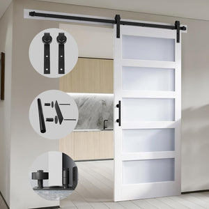 48 in x 84 in Glass Sliding MDF Barn Door with 8FT Sliding Door Hardware Kit, 5 Tempered Frosted Glass, Slab Inside Covered with Water-Proof PVC Surface, Simple DIY Assembly (Showroom Display for Sale)