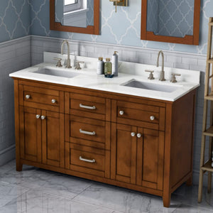 Jeffrey Alexander VKITCHA60CHCQR 60" Chocolate Chatham Vanity, double bowl, Calacatta Vienna Quartz Vanity Top, two undermount rectangle bowls