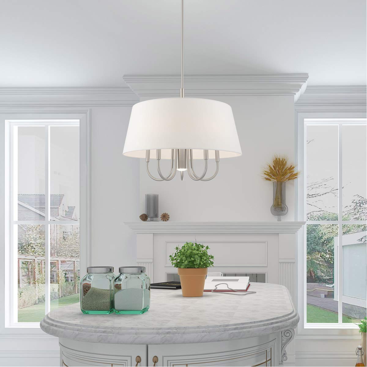 Livex Lighting 41315-91 Belclaire - Six Light Chandelier, Brushed Nickel Finish with Off-White Fabric Shade