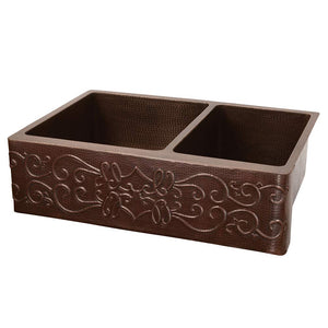 Premier Copper Products KA60DB33229S Handmade 33-Inch Hammered Copper Kitchen Double Basin Sink