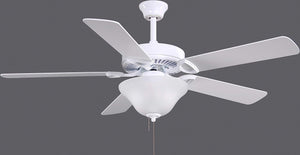 Matthews Fan AM-USA-WH-52-LK America 3-speed ceiling fan in gloss white finish with 52" white blades and light kit (2 x GU24 Socket). Assembled in USA.