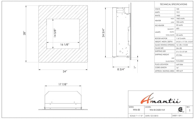 Amantii WM-BI-2428-VLR-BG Wall Mount or Built In Smart Electric, WiFi Enabled Fireplace, includes a Black Glass Surround, MultiFunction Remote Control and Multi Speed Flame Motor, and 7 Piece Oak Log Set and Sable Glass