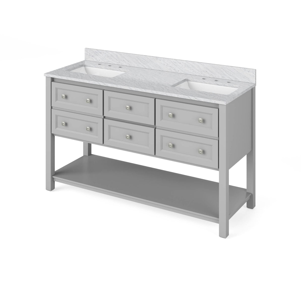 Jeffrey Alexander VKITADL60WHSGR 60" White Adler Vanity, double bowl, Steel Grey Cultured Marble Vanity Top, two undermount rectangle bowls