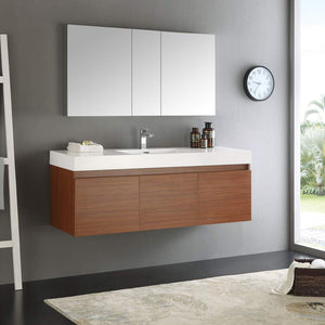 Fresca FVN8041TK Fresca Mezzo 60" Teak Wall Hung Single Sink Modern Bathroom Vanity w/ Medicine Cabinet