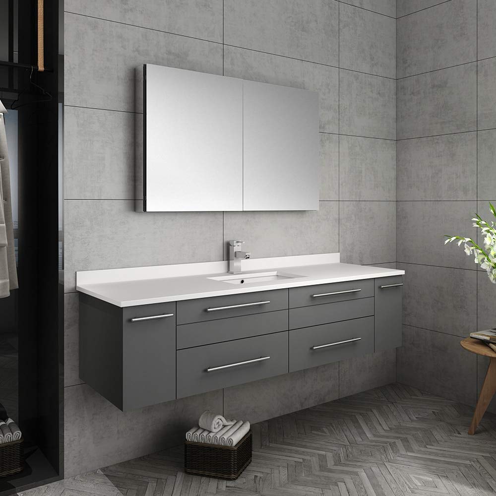 Fresca FVN6160GR-UNS Fresca Lucera 60" Gray Wall Hung Single Undermount Sink Modern Bathroom Vanity w/ Medicine Cabinet