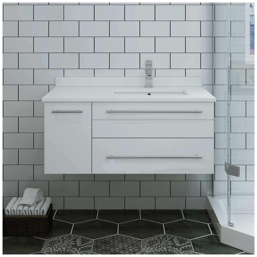 Fresca FCB6136RBL-UNS-R-CWH-U Fresca Lucera 36" Royal Blue Wall Hung Modern Bathroom Cabinet w/ Top & Undermount Sink - Right Version