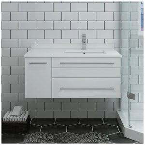 Fresca FCB6136RBL-UNS-R-CWH-U Fresca Lucera 36" Royal Blue Wall Hung Modern Bathroom Cabinet w/ Top & Undermount Sink - Right Version
