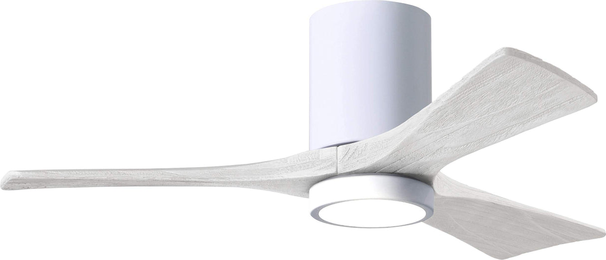 Matthews Fan IR3HLK-WH-MWH-42 Irene-3HLK three-blade flush mount paddle fan in Gloss White finish with 42” solid matte white wood blades and integrated LED light kit.