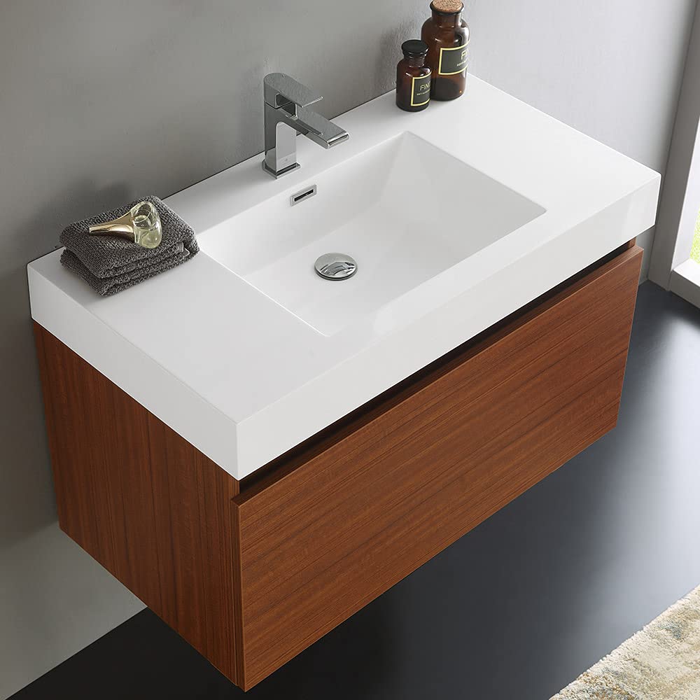 Fresca FCB8008TK-I Fresca Mezzo 36" Teak Wall Hung Modern Bathroom Cabinet w/ Integrated Sink